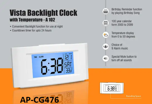 BACK LIT CLOCK WITH ALARM- Date, Time and Temprature display